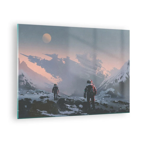 Tablou pe sticlă - Astronauți pe o planetă extraterestră cu o naufragie în fundal - 70x50cm - Sub o stea necunoscută - Decorațiune modernă pentru perete pentru living și dormitor ARTTOR