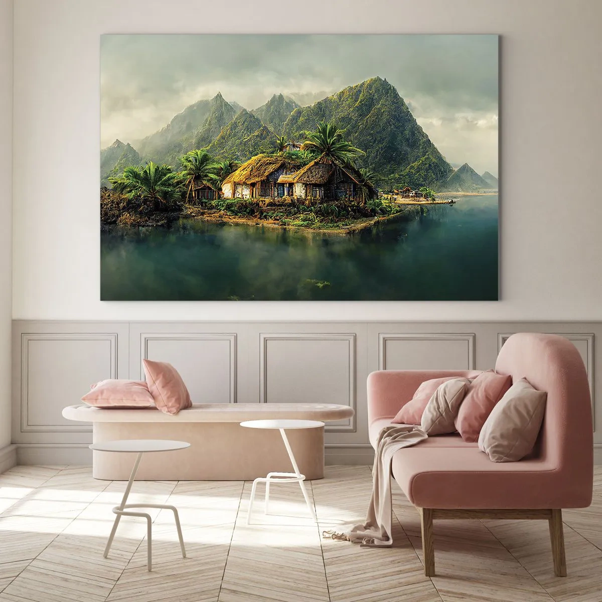 Tablou pe sticlă - Un sat tropical lângă apă, înconjurat de munți și palmieri - 70x50cm - Paradisul tropical - Decorațiune modernă pentru perete pentru living și dormitor ARTTOR