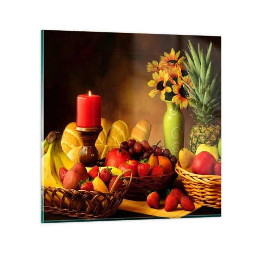 Tablou pe sticlă - Natură moarte cu pâine și fructe - 30x30 cm