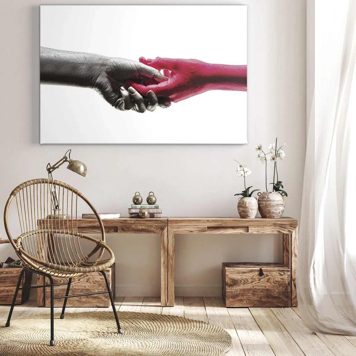 Tablou pe pânză Canvas - Mâini simbolice în argintiu și roșu - 70x50cm - Împreună, deși diferiți - Decorațiune modernă pentru perete pentru living și dormitor ARTTOR