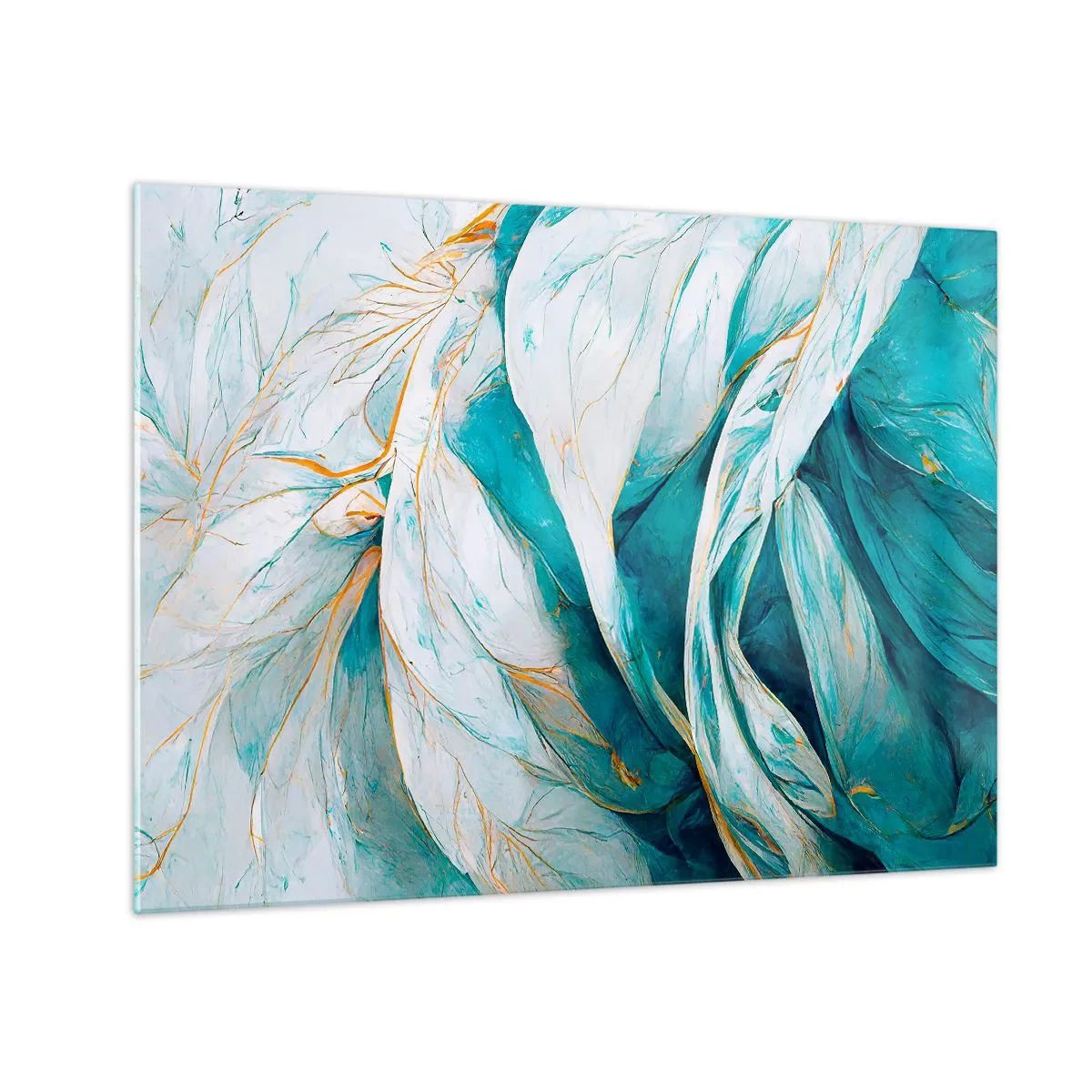 Tablou pe sticlă - Abstracție organică în linii albastre și aurii - 70x50cm - Abstractul albastru cu motiv auriu - Decorațiune modernă pentru perete pentru living și dormitor ARTTOR