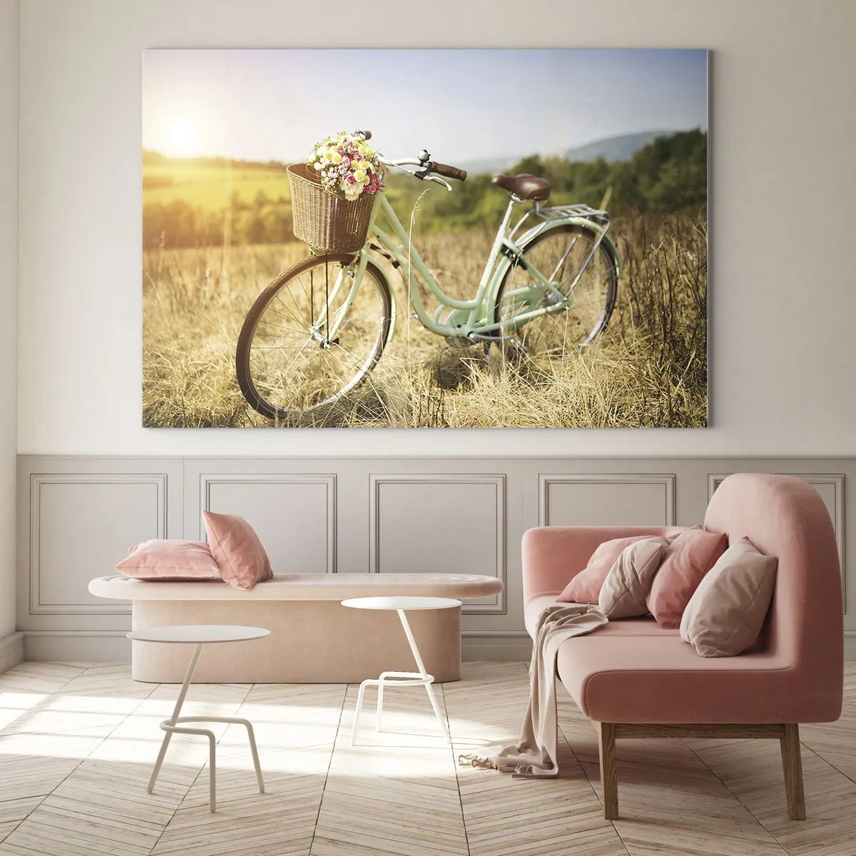 Tablou pe sticlă - Bicicletă retro cu flori pe un fundal natural - 70x50cm - Mă odihnesc aici un pic - Decorațiune modernă pentru perete pentru living și dormitor ARTTOR