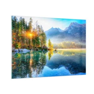 Tablou pe sticlă - Peisaj montan cu un lac și soarele de dimineață - 70x50cm - Maiestate și dulceață - Decorațiune modernă pentru perete pentru living și dormitor ARTTOR