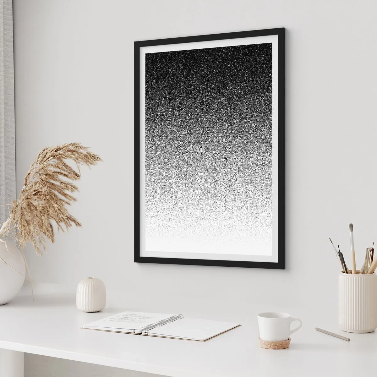 Poster în ramă neagră - Gradient minimalist alb-negru într-un model punctat - 50x70cm - Spre lumină - Decorațiune modernă pentru perete pentru living și dormitor ARTTOR