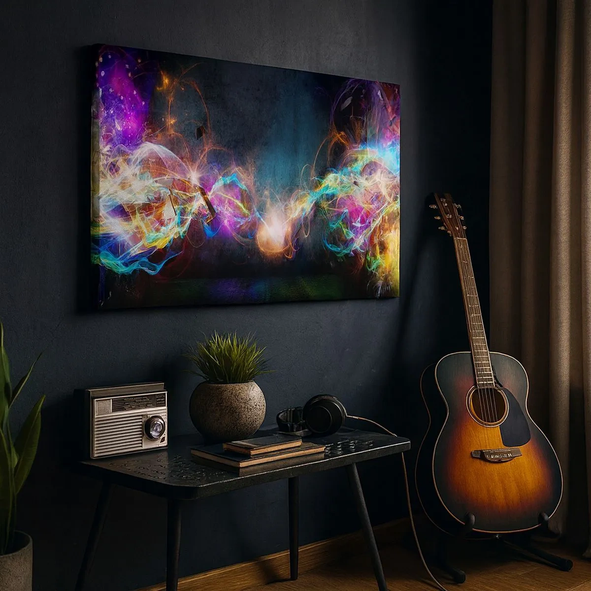 Tablou pe pânză Canvas - Sclipiri colorate de lumină într-o compoziție abstractă - 70x50cm - Cu bucurie împotriva întunericului - Decorațiune modernă pentru perete pentru living și dormitor ARTTOR