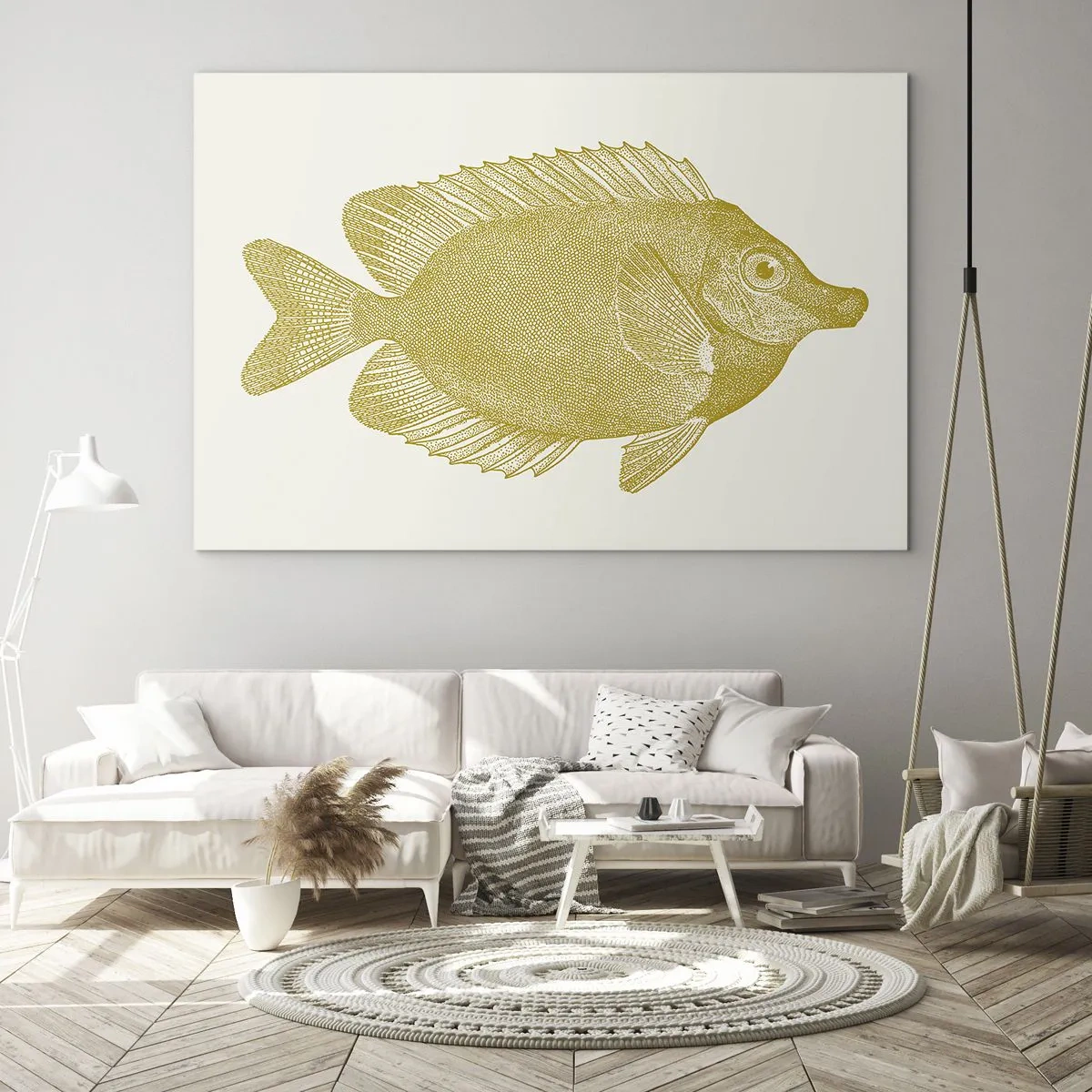 Tablou pe sticlă - Peștișor auriu vintage pe un fundal deschis - 70x50cm - Pește și atât - Decorațiune modernă pentru perete pentru living și dormitor ARTTOR