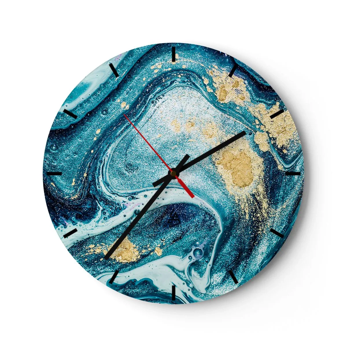 Ceas de perete - Ceas pe sticlă - Un vârtej abstract în nuanțe de albastru și auriu cu efect de marmură. - 30x30cm - Vârtej albastru - Decorațiune modernă pentru perete pentru living, bucătărie și dormitor ARTTOR