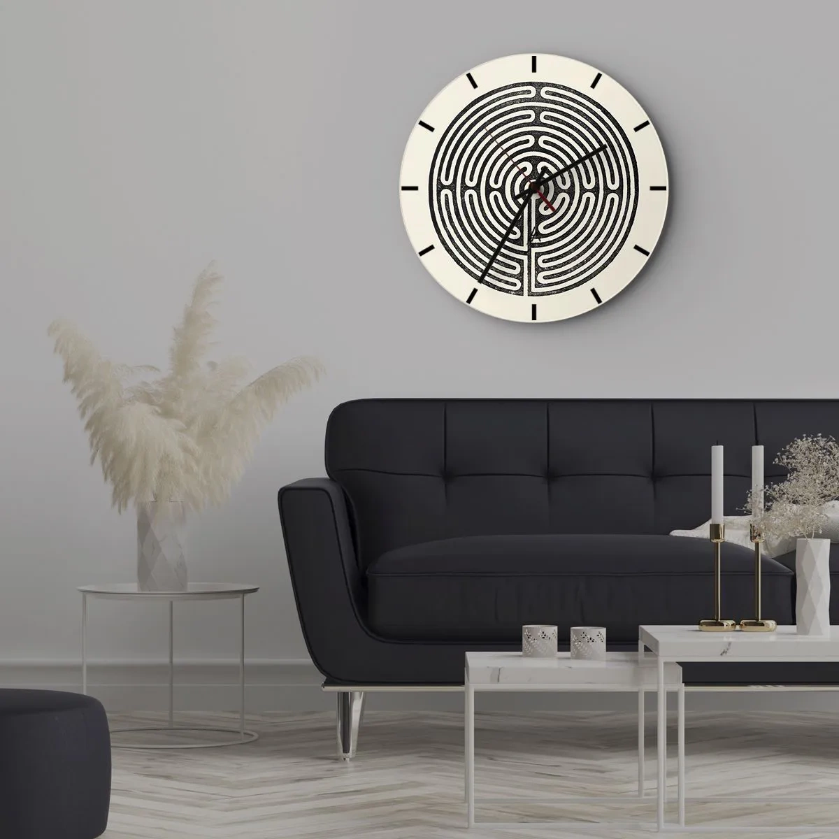 Ceas de perete - Ceas pe sticlă - Un labirint alb-negru cu un design geometric pe un fundal deschis - 30x30cm - Ordine secretă - Decorațiune modernă pentru perete pentru living, bucătărie și dormitor ARTTOR