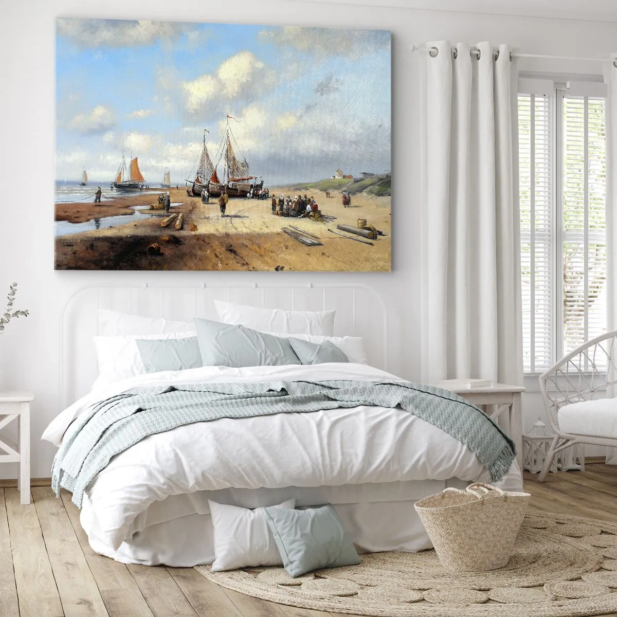 Tablou pe pânză Canvas - Bărci de pescuit pe plajă cu figuri umane - 70x50cm - Pescuit de succes - Decorațiune modernă pentru perete pentru living și dormitor ARTTOR