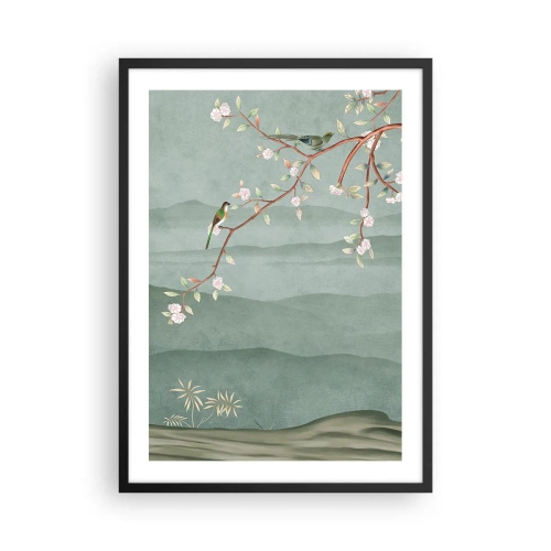 Poster în ramă neagră - Păsări pe o ramură înflorită cu vedere la dealuri - 50x70cm - Primăvara, ah, tu ești - Decorațiune modernă pentru perete pentru living și dormitor ARTTOR