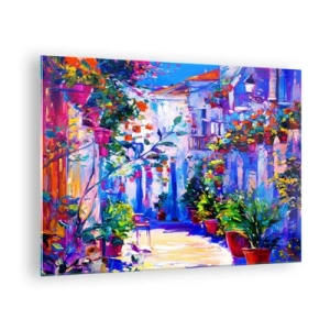 Tablou pe sticlă - O stradă colorată cu plante înflorite și lumină - 70x50cm - Impresie - străduță italiană - Decorațiune modernă pentru perete pentru living și dormitor ARTTOR