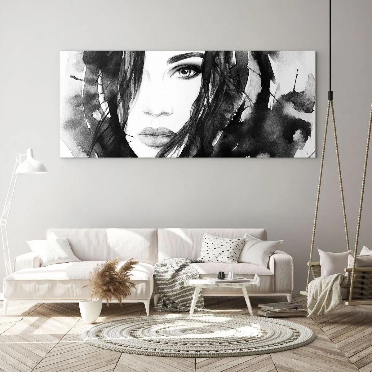 Tablou pe sticlă - Studiu unei dame în alb și negru - 140x50 cm