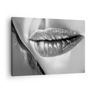 Tablou pe pânză Canvas - Prim-plan alb-negru al buzelor unei femei, cu efect lucios și detalii. - 70x50cm - Știu la ce te gândești... - Decorațiune modernă pentru perete pentru living și dormitor ARTTOR