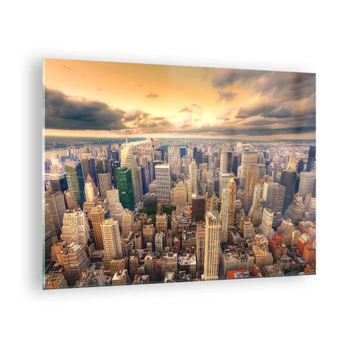 Tablou pe sticlă - Panoramă a orașului cu zgârie-nori la apus - 70x50cm - O metropolă aurită - Decorațiune modernă pentru perete pentru living și dormitor ARTTOR