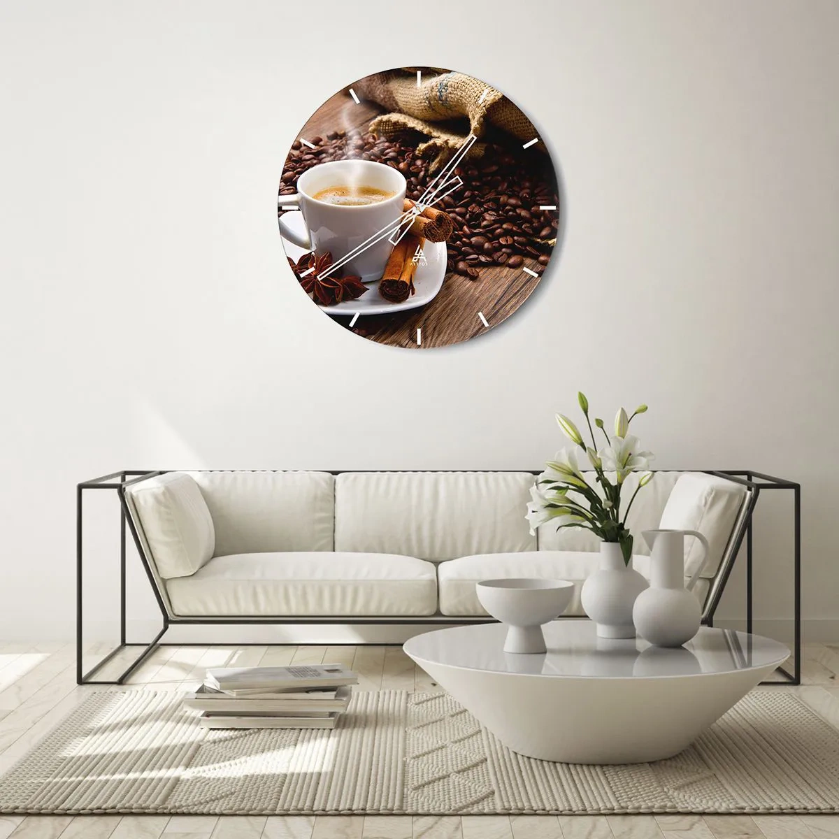Ceas de perete - Ceas pe sticlă - ceașcă de cafea cu condimente și boabe de cafea - 30x30cm - Gust și aromă de mirodenii - Decorațiune modernă pentru perete pentru living, bucătărie și dormitor ARTTOR