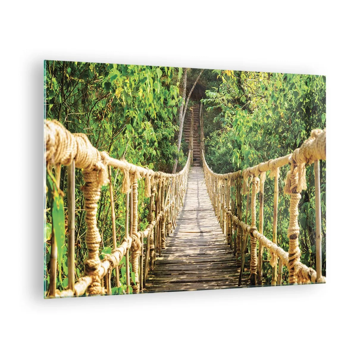 Tablou pe sticlă - Un pod de lemn cu frânghii înconjurat de verdeață luxuriantă - 70x50cm - Suspendat în verde - Decorațiune modernă pentru perete pentru living și dormitor ARTTOR