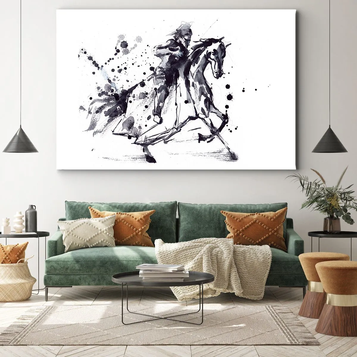 Tablou pe pânză Canvas - Acuarelă alb-negru a unui călăreț pe un cal în galop - 70x50cm - Cavalerul negru - Decorațiune modernă pentru perete pentru living și dormitor ARTTOR