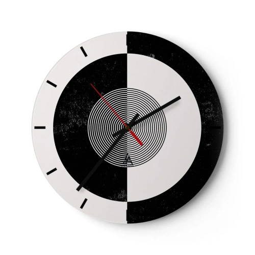 Ceas de perete - Ceas pe sticlă - Model abstract alb-negru cu cercuri concentrice - 30x30cm - Armonie în alb și negru - Decorațiune modernă pentru perete pentru living, bucătărie și dormitor ARTTOR
