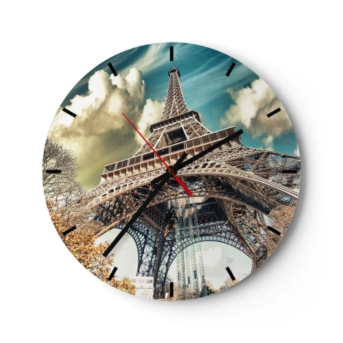 Ceas de perete - Ceas pe sticlă - Turnul Eiffel pe fundalul unui cer de toamnă cu nori - 30x30cm - Și la Paris, în toamna anului .... - Decorațiune modernă pentru perete pentru living, bucătărie și dormitor ARTTOR