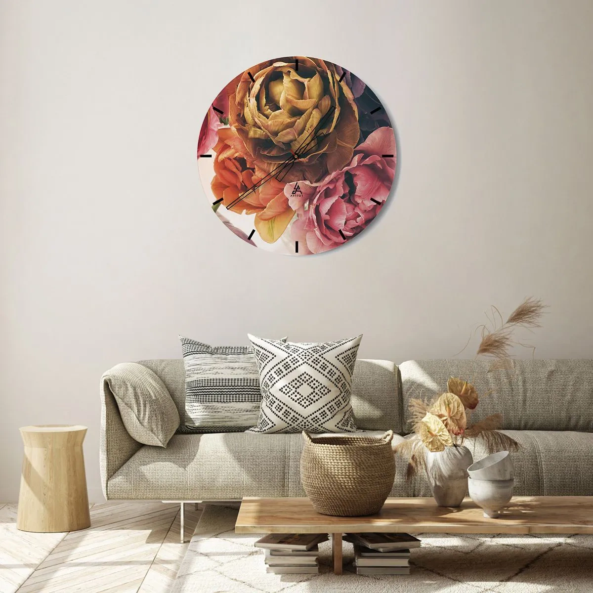 Ceas de perete - Ceas pe sticlă - Compoziție abstractă din tușe de pensulă alb-negru - 30x30cm - Sărbătorirea vieții - Decorațiune modernă pentru perete pentru living, bucătărie și dormitor ARTTOR
