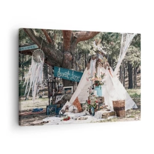 Tablou pe pânză Canvas - Decor boho cu un tipi în pădure - 70x50cm - Make love… - Decorațiune modernă pentru perete pentru living și dormitor ARTTOR