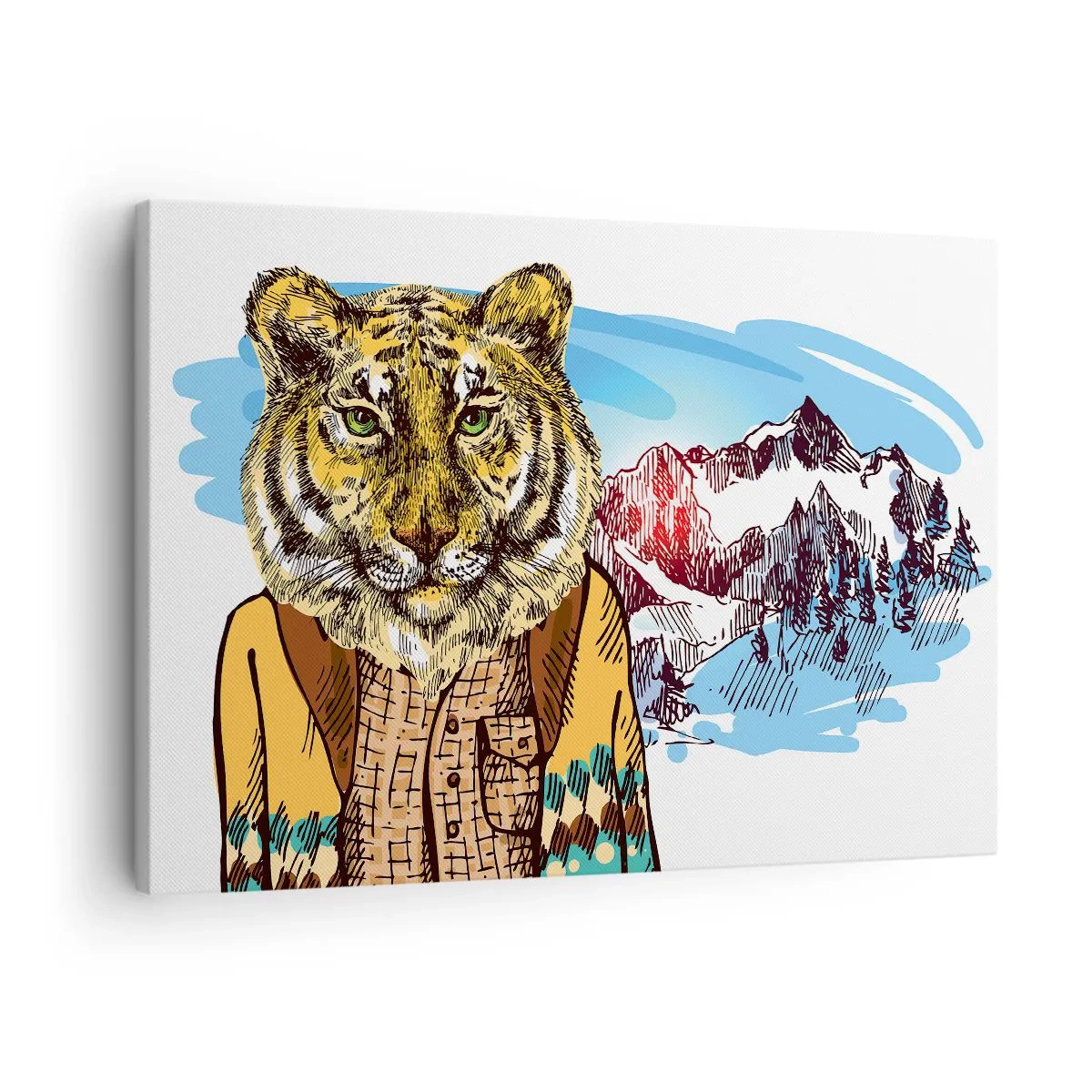 Tablou pe pânză Canvas - Un tigru într-o haină pe fundalul unui peisaj montan - 70x50cm - Nu atât de sălbatic cum este cunoscut - Decorațiune modernă pentru perete pentru living și dormitor ARTTOR
