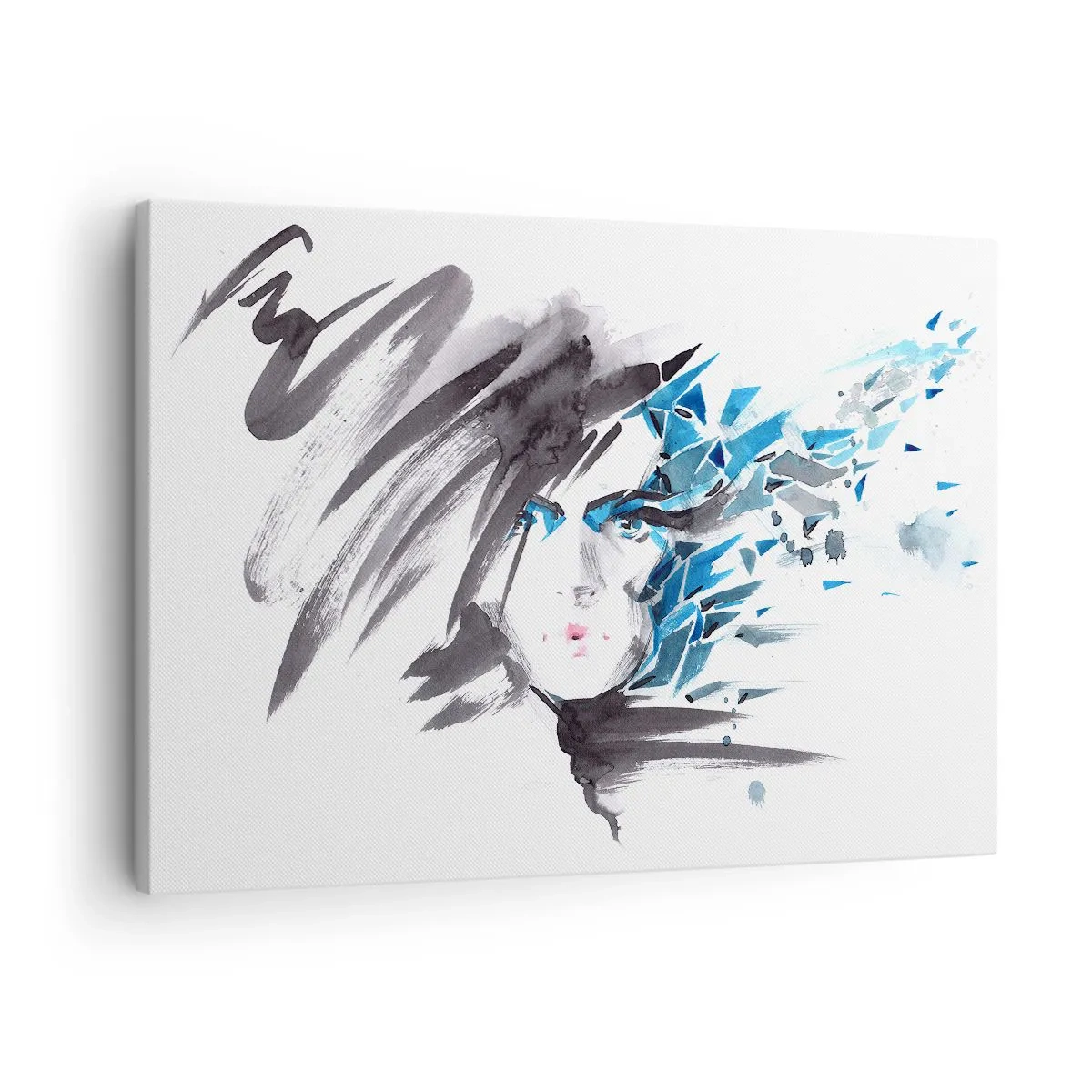 Tablou pe pânză Canvas - Pictură artistică pe față în acuarelă cu accente albastre - 70x50cm - Portret senzual în gri și albastru - Decorațiune modernă pentru perete pentru living și dormitor ARTTOR