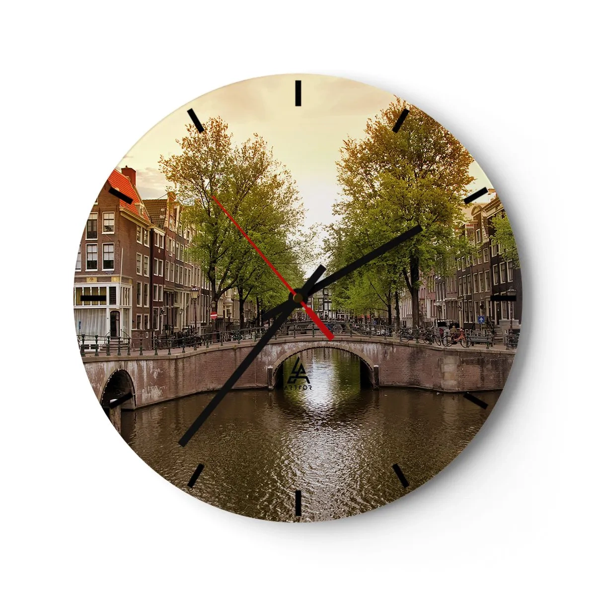 Ceas de perete - Ceas pe sticlă - Canal cu pod și case de locuit în Amsterdam - 30x30cm - Cu barca sau cu bicicleta? - Decorațiune modernă pentru perete pentru living, bucătărie și dormitor ARTTOR