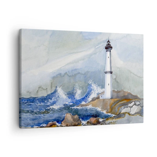 Tablou pe pânză Canvas - Un far pe un țărm stâncos cu o mare agitată - 70x50cm - Împotriva întunericului și a furtunii - Decorațiune modernă pentru perete pentru living și dormitor ARTTOR