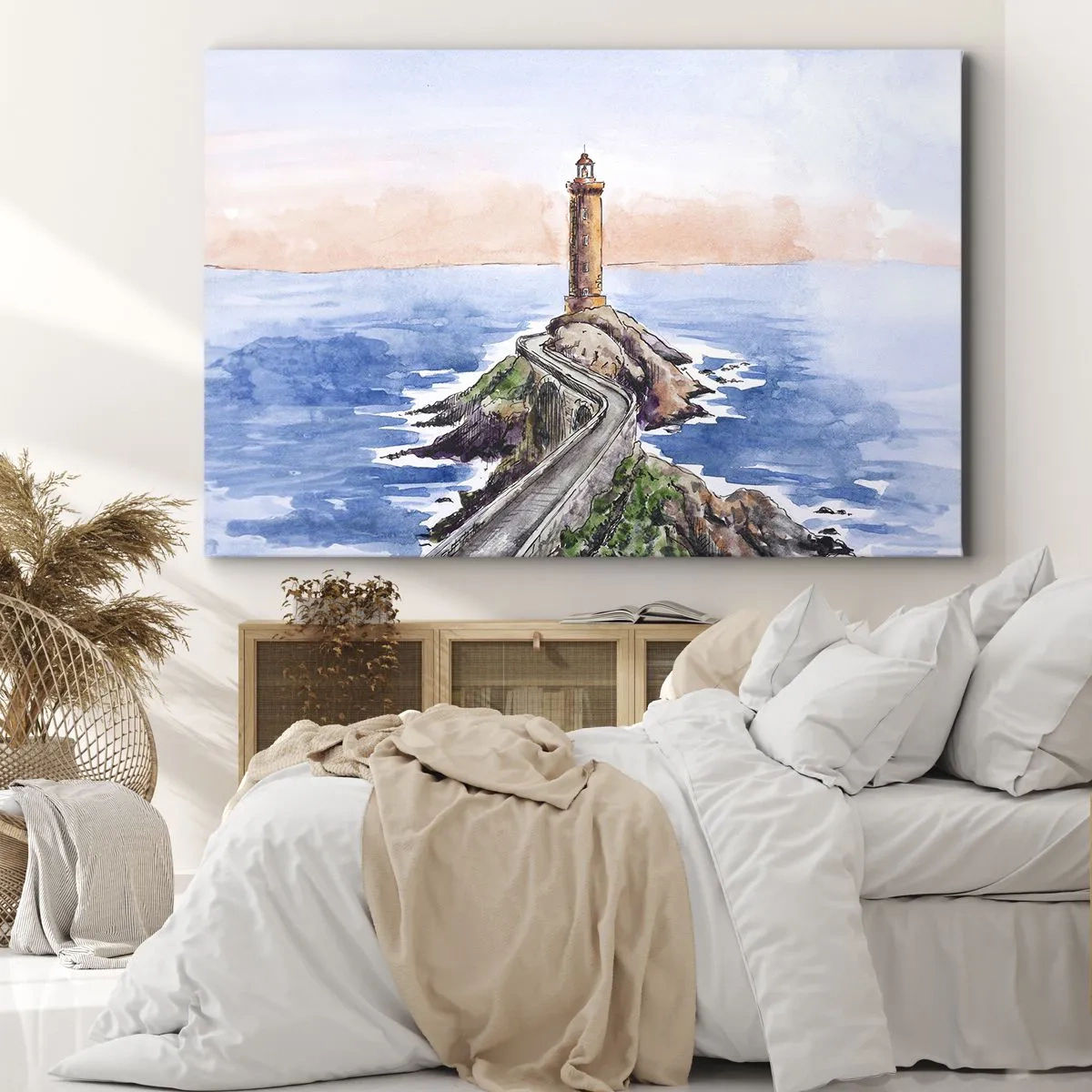 Tablou pe pânză Canvas - Un far pe un țărm stâncos - 70x50cm - Cu fața la mare - Decorațiune modernă pentru perete pentru living și dormitor ARTTOR
