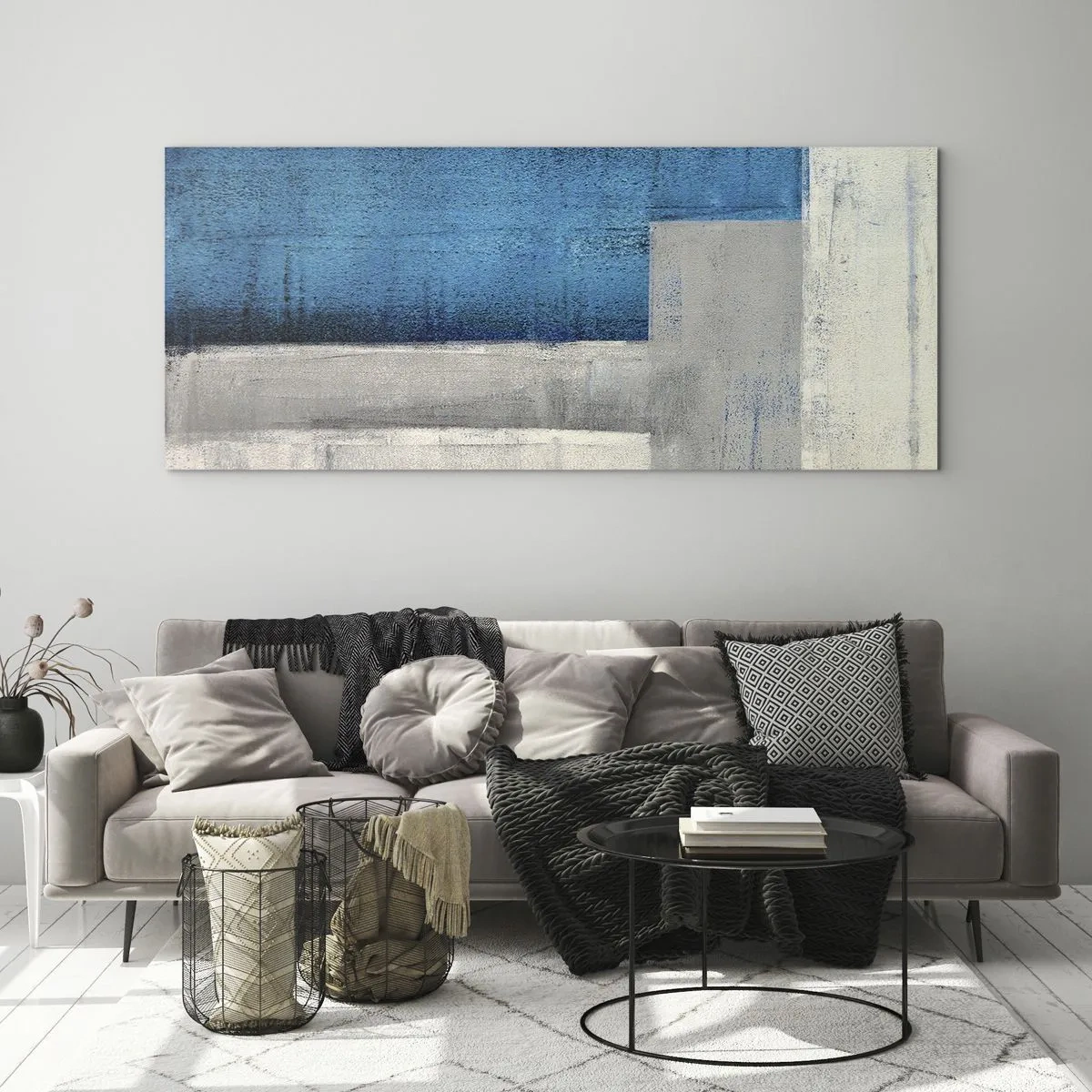 Tablou pe sticlă - Compoziție poetică de gri și albastru - 100x40 cm