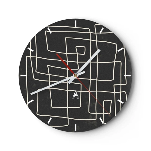 Ceas de perete - Ceas pe sticlă - Linii geometrice albe care formează o grilă complexă pe un fundal negru. - 30x30cm - Nu atât de simplu - Decorațiune modernă pentru perete pentru living, bucătărie și dormitor ARTTOR