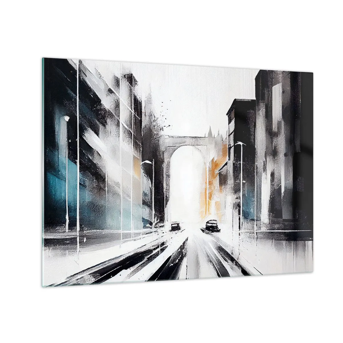 Tablou pe sticlă - stradă dinamică a orașului, cu mașini și un arc în fundal, într-un stil pictural. - 70x50cm - Studiu de oraș: arhitectură și mișcare - Decorațiune modernă pentru perete pentru living și dormitor ARTTOR