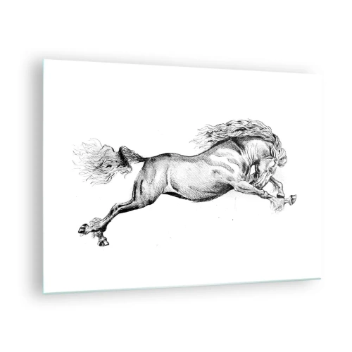Tablou pe sticlă - Desen alb-negru al unui cal în galop - 70x50cm - Oprit din galop - Decorațiune modernă pentru perete pentru living și dormitor ARTTOR