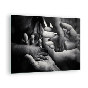 Tablou pe sticlă - Strângere de mână simbolică alb-negru a diferitelor generații - 70x50cm - A fi om - Decorațiune modernă pentru perete pentru living și dormitor ARTTOR