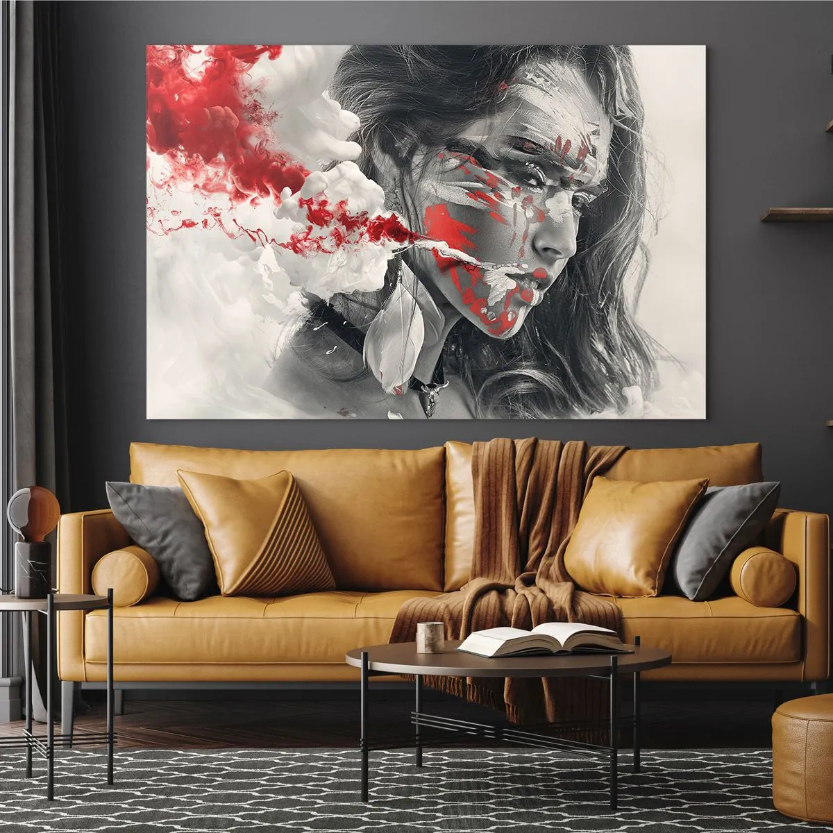 Tablou pe sticlă - Portret de femeie cu modele abstracte roșii și albe - 70x50cm - În aburul absurdului - Decorațiune modernă pentru perete pentru living și dormitor ARTTOR