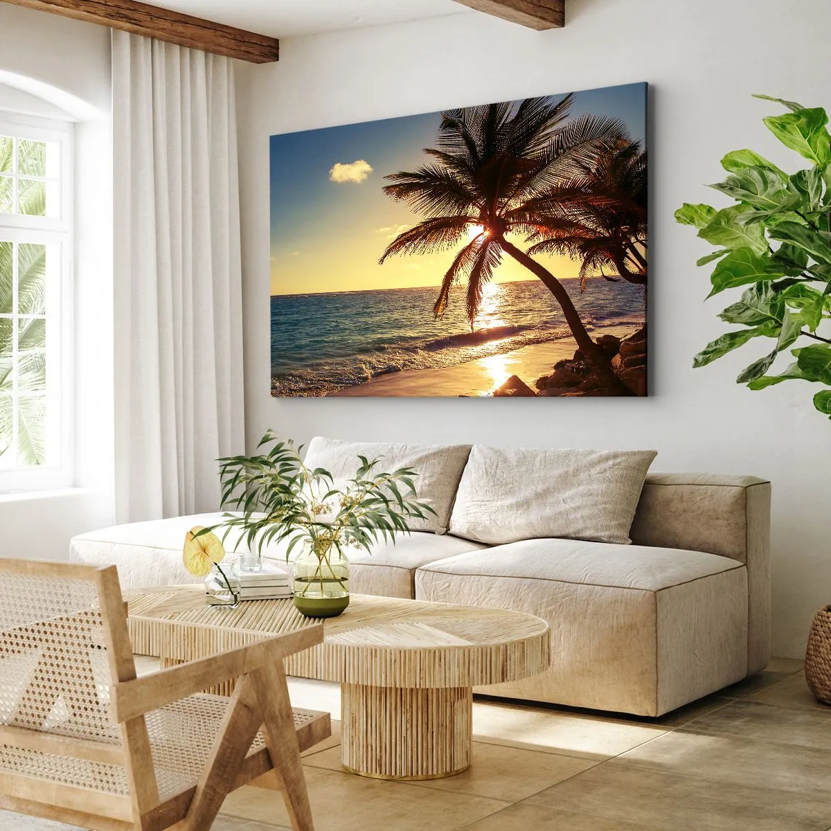 Tablou pe pânză Canvas - Apus de soare tropical peste o plajă cu palmieri - 70x50cm - Vara sub palmieri - Decorațiune modernă pentru perete pentru living și dormitor ARTTOR