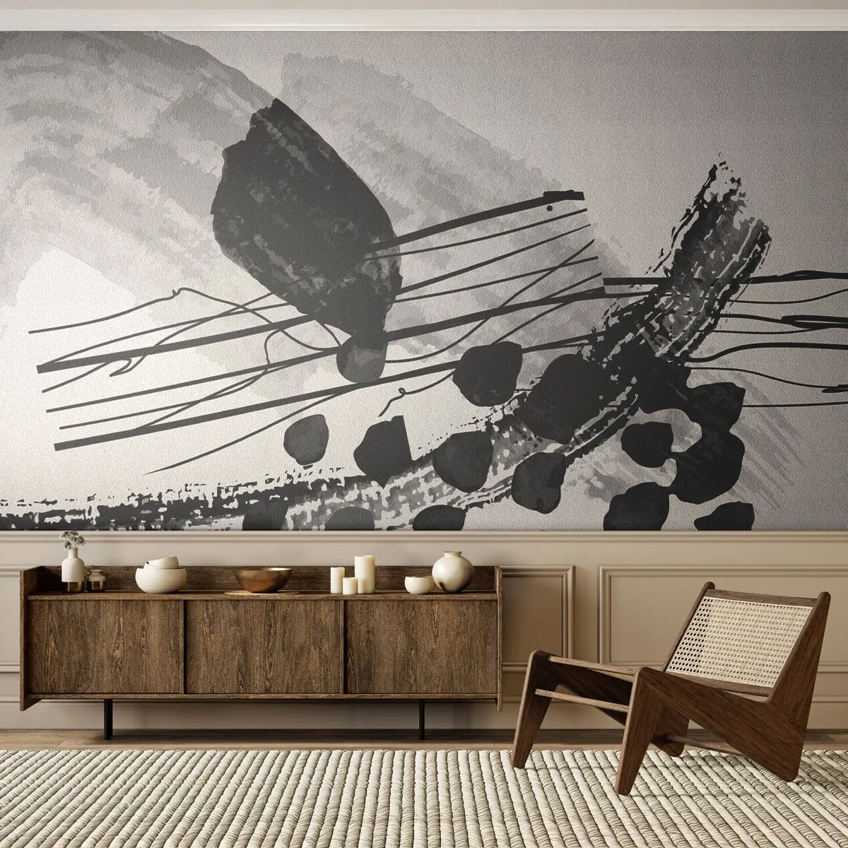 Tapet Standard Eco - Abstracție organică în negru și alb - Abstracția, Modern, Bucată - 400x280 cm