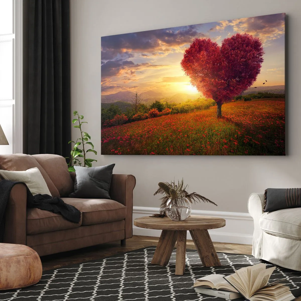 Tablou pe pânză Canvas - Copac în formă de inimă la apus - 70x50cm - Te apucă inima - Decorațiune modernă pentru perete pentru living și dormitor ARTTOR