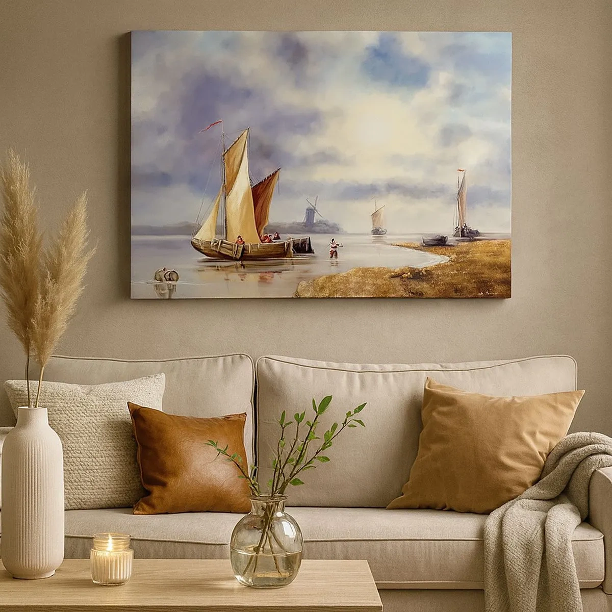Tablou pe pânză Canvas - Bărci cu pânze pe ape calme cu mori de vânt în fundal - 70x50cm - Întoarcerea marinarilor - Decorațiune modernă pentru perete pentru living și dormitor ARTTOR