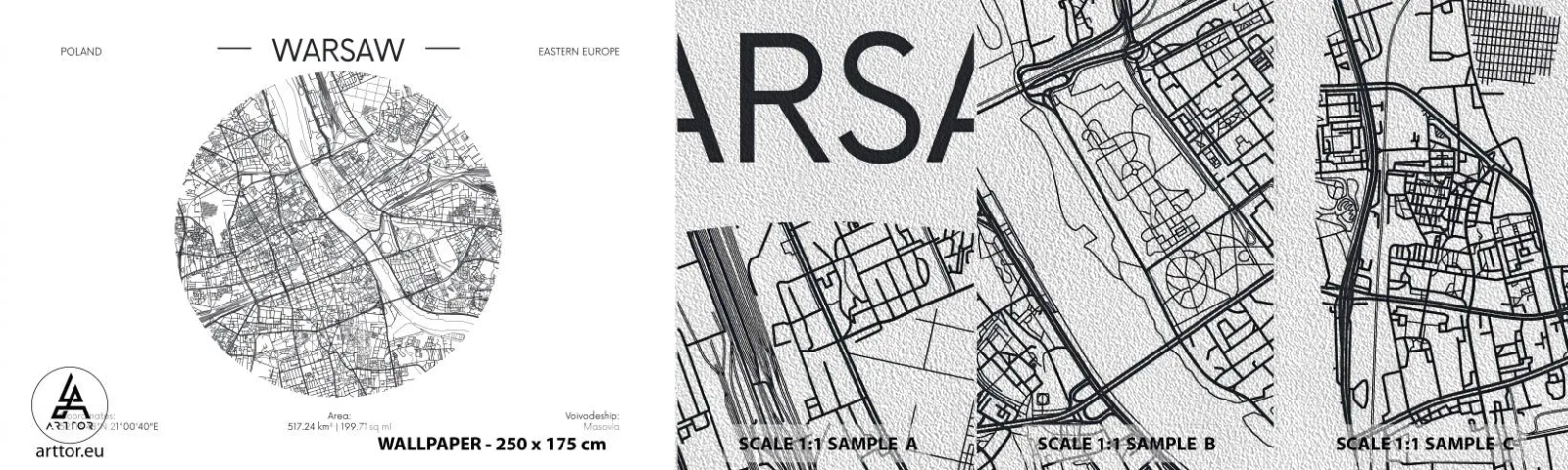 Mostră tapet Premium Sand - Anatomia Varșoviei - Hartă, Varşovia, Polonia - 100x30 cm