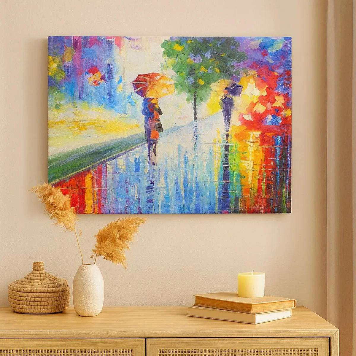 Tablou pe pânză Canvas - O plimbare cu o umbrelă într-un peisaj ploios colorat - 70x50cm - Și totul este clar - Decorațiune modernă pentru perete pentru living și dormitor ARTTOR