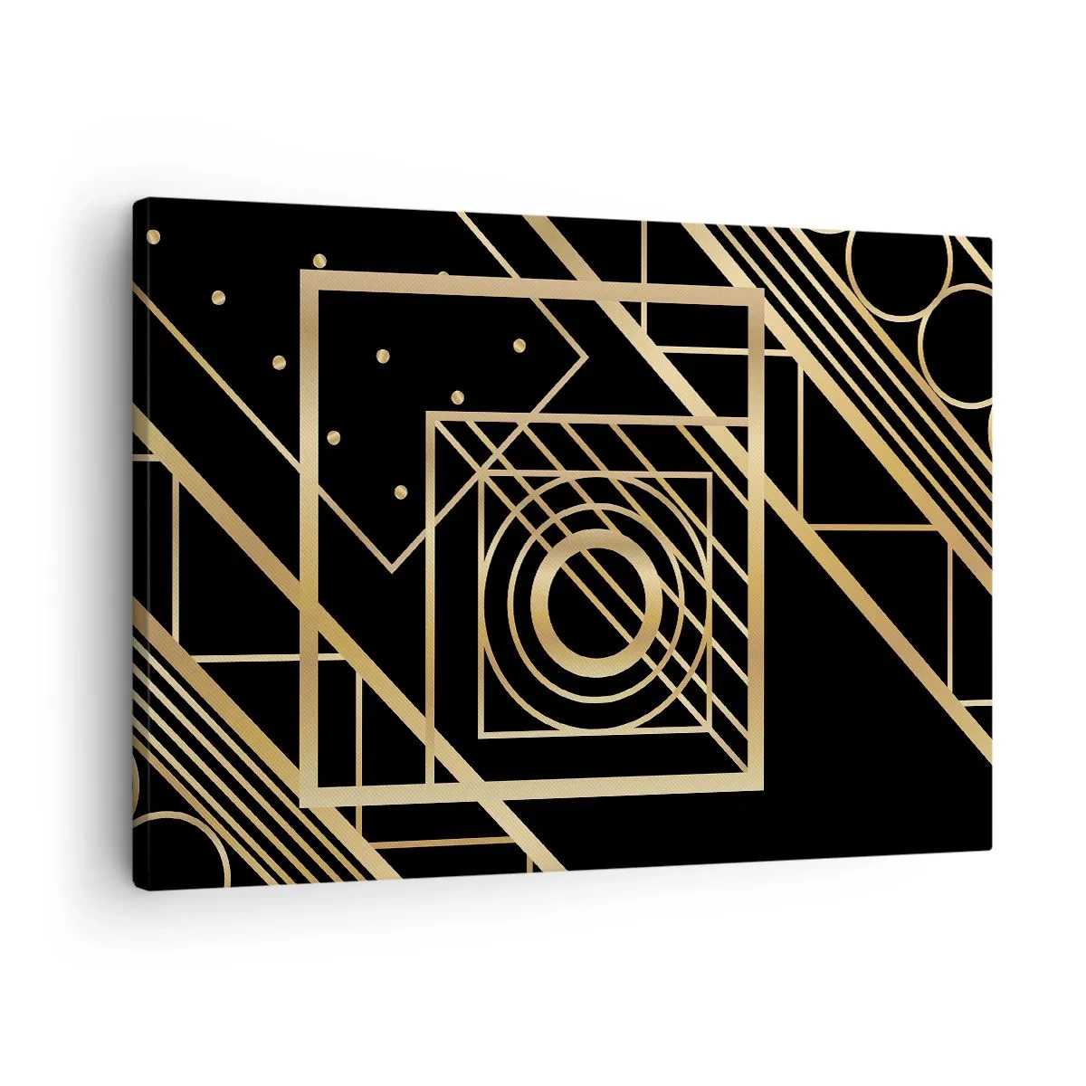 Tablou pe pânză Canvas - Modele geometrice aurii pe fundal negru - 70x50cm - Geometrie de aur - Decorațiune modernă pentru perete pentru living și dormitor ARTTOR