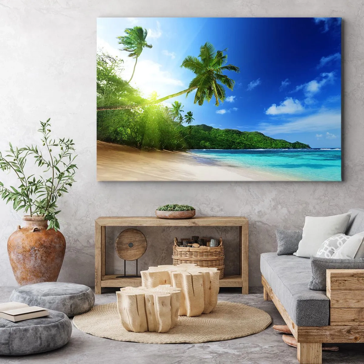 Tablou pe pânză Canvas - Plajă tropicală cu palmieri și mare turcoaz - 70x50cm - O atingere blândă a tropicelor - Decorațiune modernă pentru perete pentru living și dormitor ARTTOR