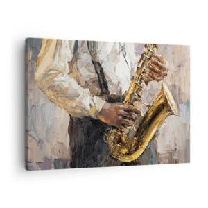 Tablou pe pânză Canvas - Un muzician care cântă la saxofon într-un stil artistic - 70x50cm - E timpul pentru a cânta solo - Decorațiune modernă pentru perete pentru living și dormitor ARTTOR
