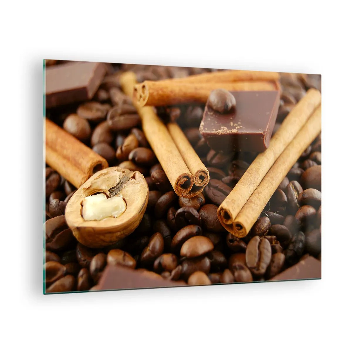 Tablou pe sticlă - Prim-plan cu cafea, scorțișoară, ciocolată și nuci - 70x50cm - Concert de arome - Decorațiune modernă pentru perete pentru living și dormitor ARTTOR