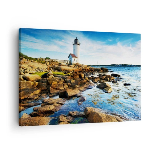 Tablou pe pânză Canvas - Un far pe o coastă stâncoasă într-o zi însorită - 70x50cm - Întoarce-te acasă fericit, te aștept cu nerăbdare - Decorațiune modernă pentru perete pentru living și dormitor ARTTOR
