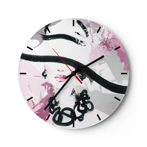 Ceas de perete - Ceas pe sticlă - Un portret elegant al unei femei într-un stil negru și roz - 30x30cm - Studiu unei dame în negru și roz - Decorațiune modernă pentru perete pentru living, bucătărie și dormitor ARTTOR