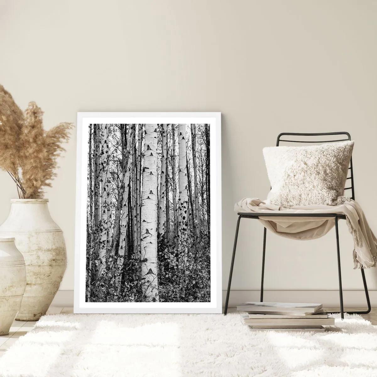 Poster în ramă albă - Coloane de mesteacăn - 61x91 cm