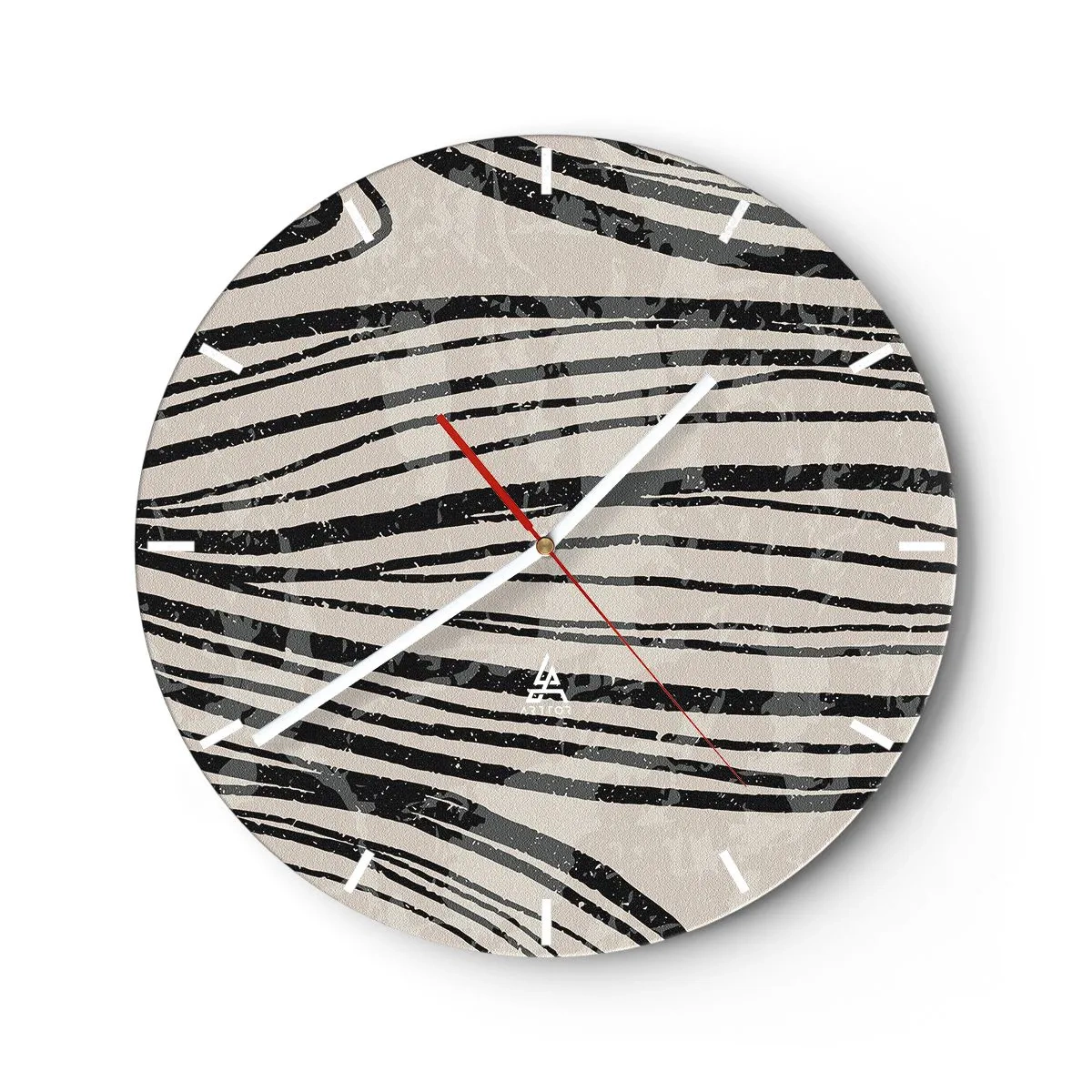 Ceas de perete - Ceas pe sticlă - Linii negre pe un fundal bej într-un aranjament ritmic - 30x30cm - Deversare de linii - Decorațiune modernă pentru perete pentru living, bucătărie și dormitor ARTTOR